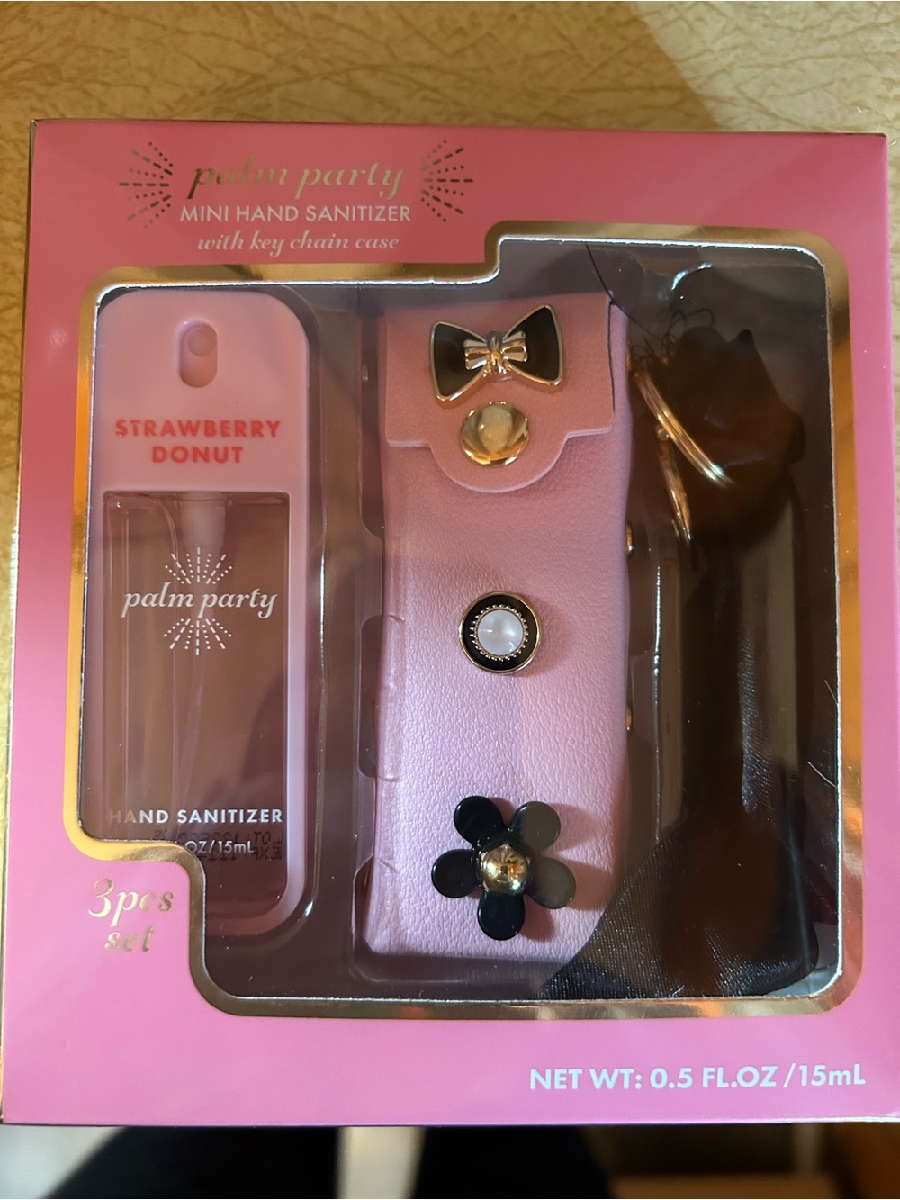 3 Piece Set Pink Strawberry Donut Mini Hand Sanitizer with Key Chain Case